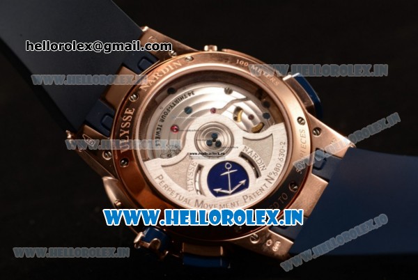 Ulysse Nardin Executive Dual Time & Big Date Japanese Miyota 9015 Automatic Rose Gold Case Coffce Dial Arabic Numeral Markers With Rose Gold Bezel Blue Rubber Strap(GF) - Click Image to Close